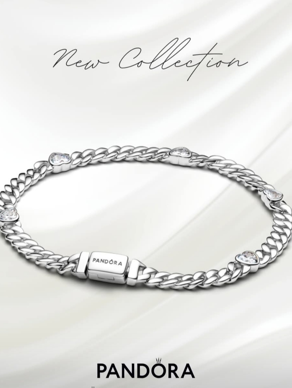 PANDORA CZ STERLING SILVER HEART CUBAN BRACELET. NEW!